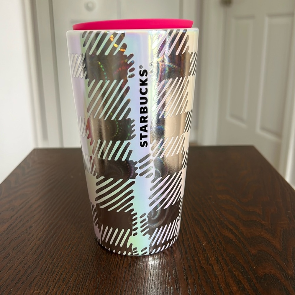 NEW Starbucks Ceramic Travel Coffee Cup 12oz Metallic Plaid Pink Lid